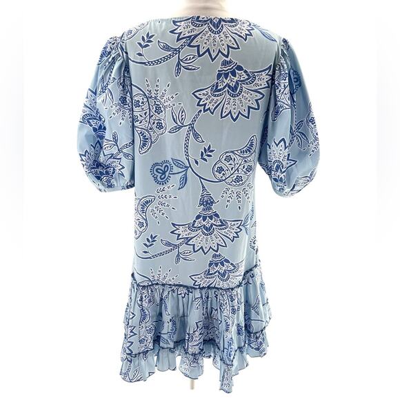 Kleid Chloe Mini dress Flower Blue Sz M puff sleeve ruffle hem - Picture 7 of 7